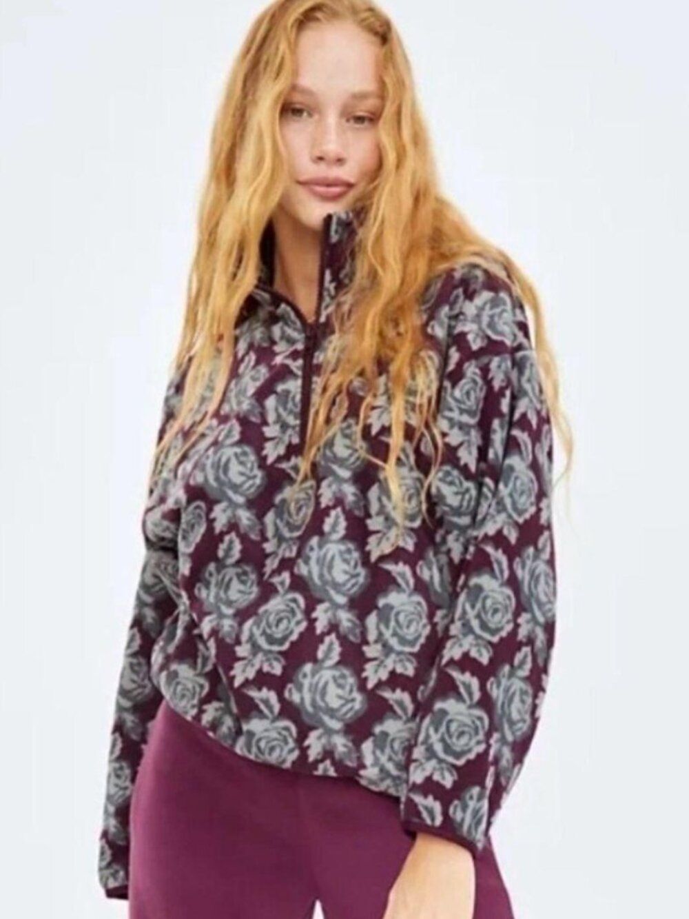TNA Aritzia Floral Fleece Quarter Zip Sweater – Purple Gray – Size L